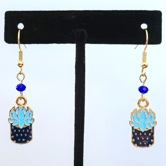 Subtle Delights Handmade Blue Enamel Cactus Air Plant Earrings w/ Gold Hooks - Picture 1 of 1